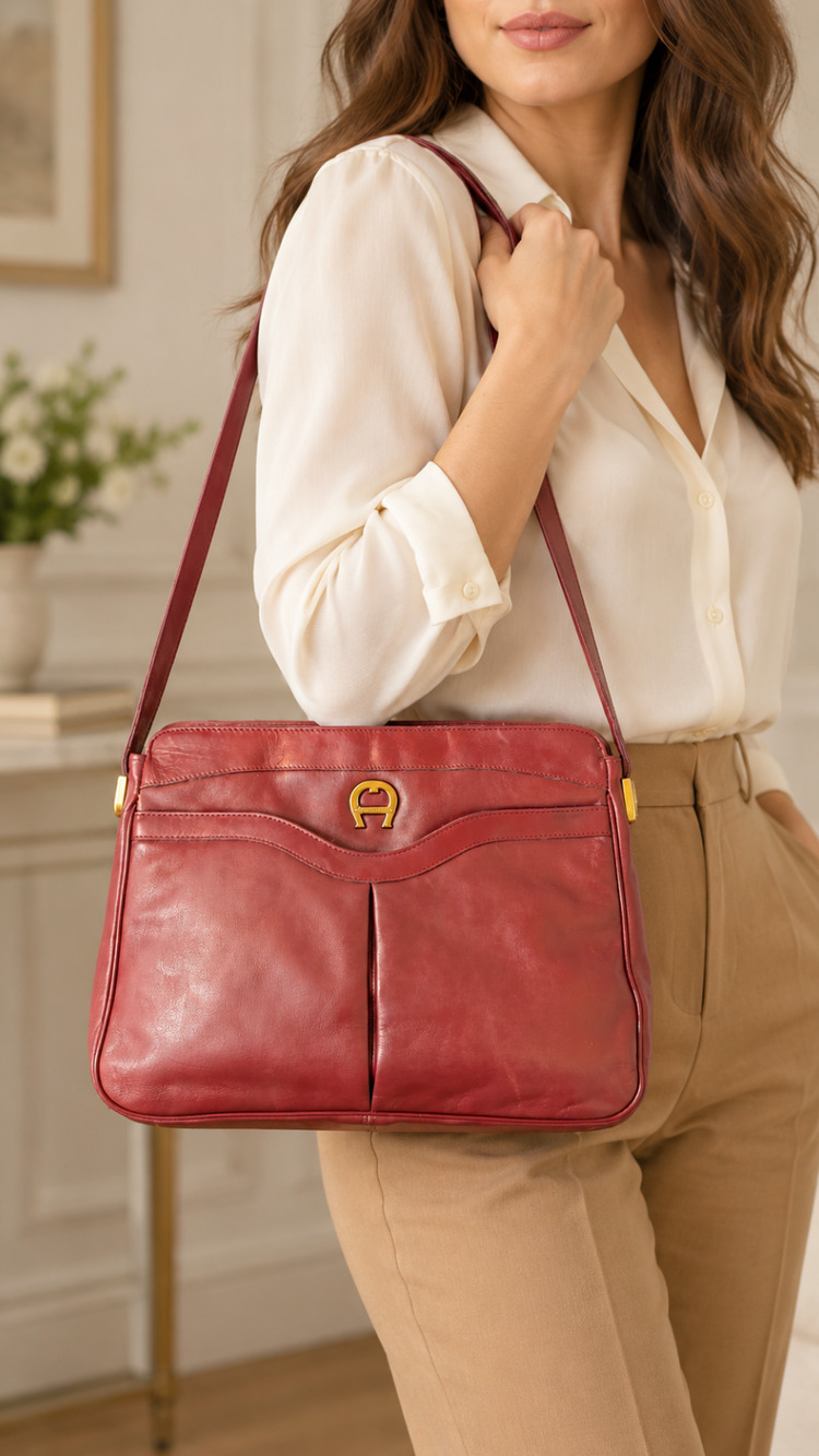 Vintage Etienne Aigner Burgundy Leather Shoulder Bag Gold-Tone Logo